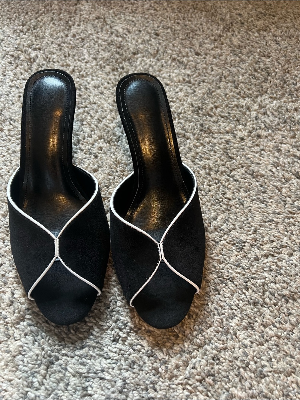 Black Faux Suede Open-Toe Mule with White Piping